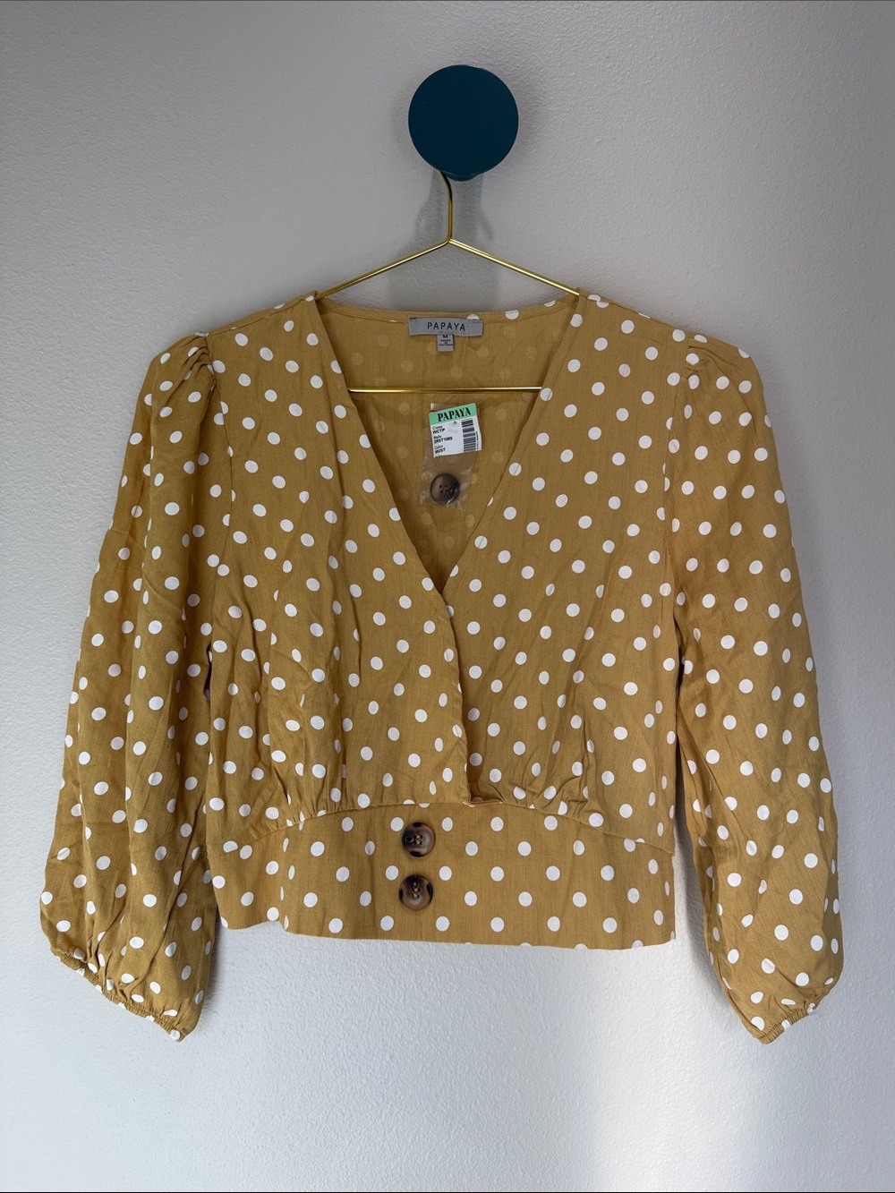 Papaya Mustard Polka Dot V-Neck Button Front Blouse